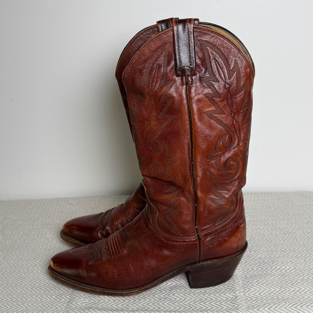 Vintage Dan Post Cowboy Boots Mens 9.5 Brown Leather Western Embroidered 16787 - Picture 2 of 6